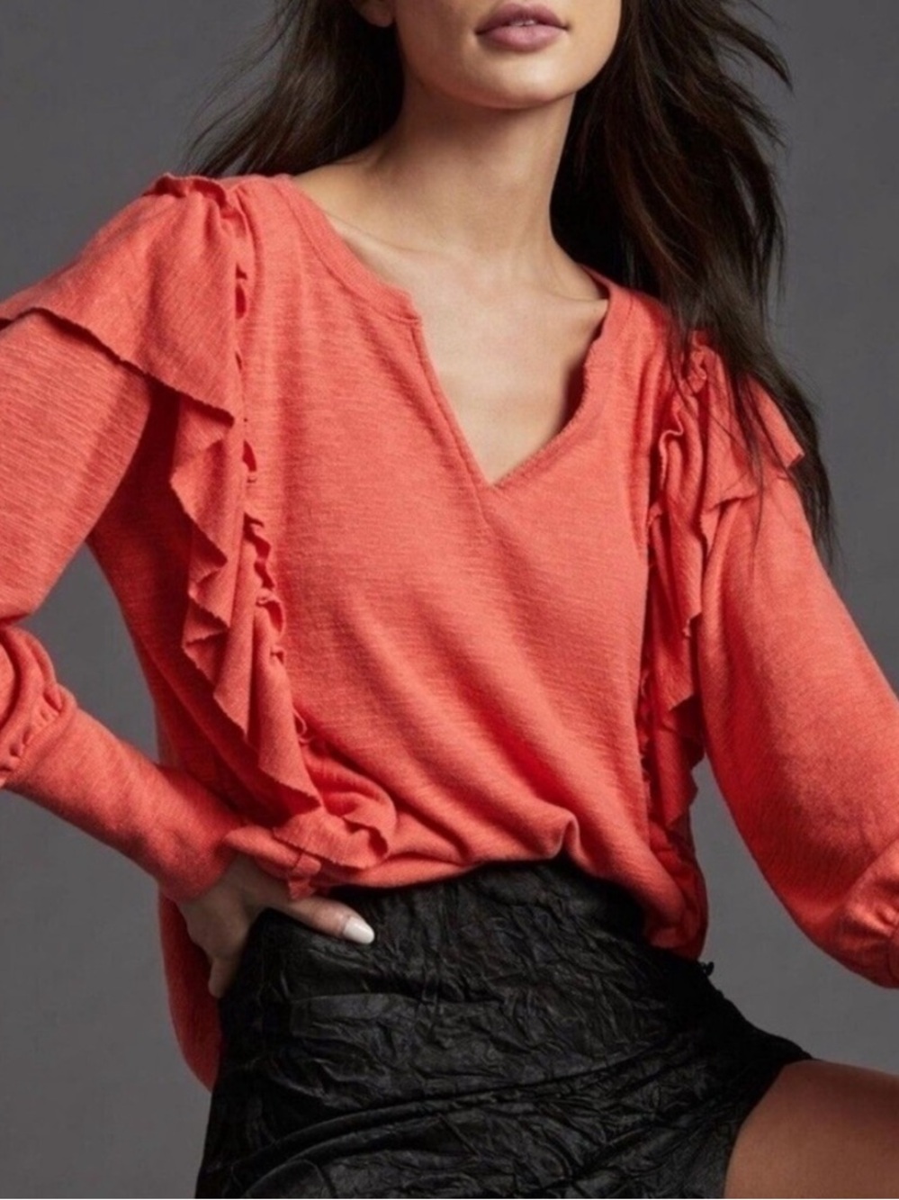 Anthropologie Coral-Orange Ruffle V-Neck Pullover